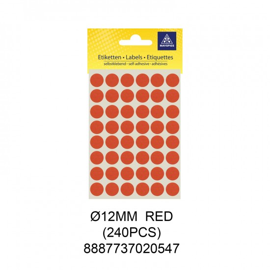 MAYSPIES MS012 COLOUR DOT LABEL / 5 SHEETS/PKT / 240PCS / ROUND 12MM RED
